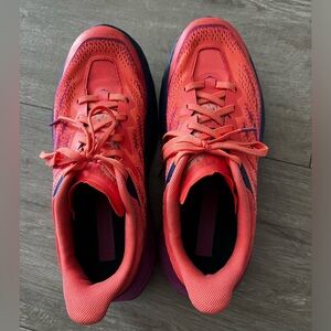 HOKA Speedgoat 5 running sneakers size 8. Orange/purple/blue
